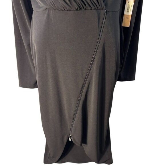 Black Long-Sleeve Wrap Dress With Front Zipper Detail - Picture 2 of 12